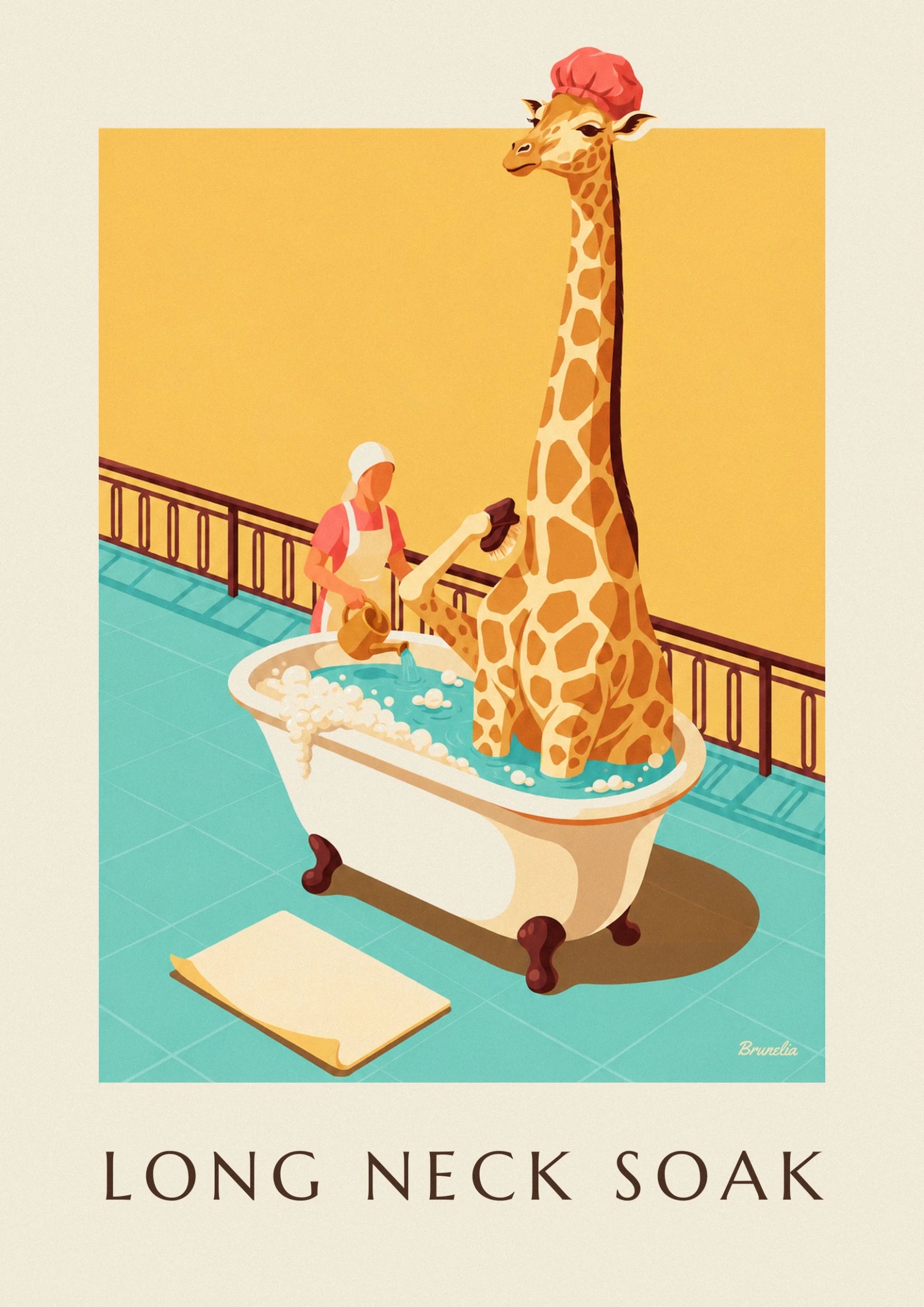 The giraffe with its long spotted neck, wearing a pink bathing cap