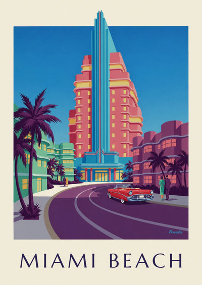 Affiche façades d’Ocean Drive à Miami Beach à l’heure bleue : l'affiche entière