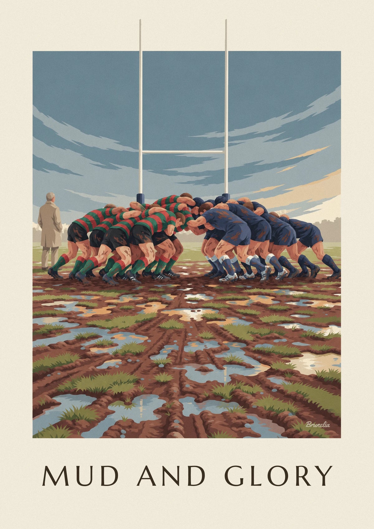Muddy rugby scrum under a rainy sky poster