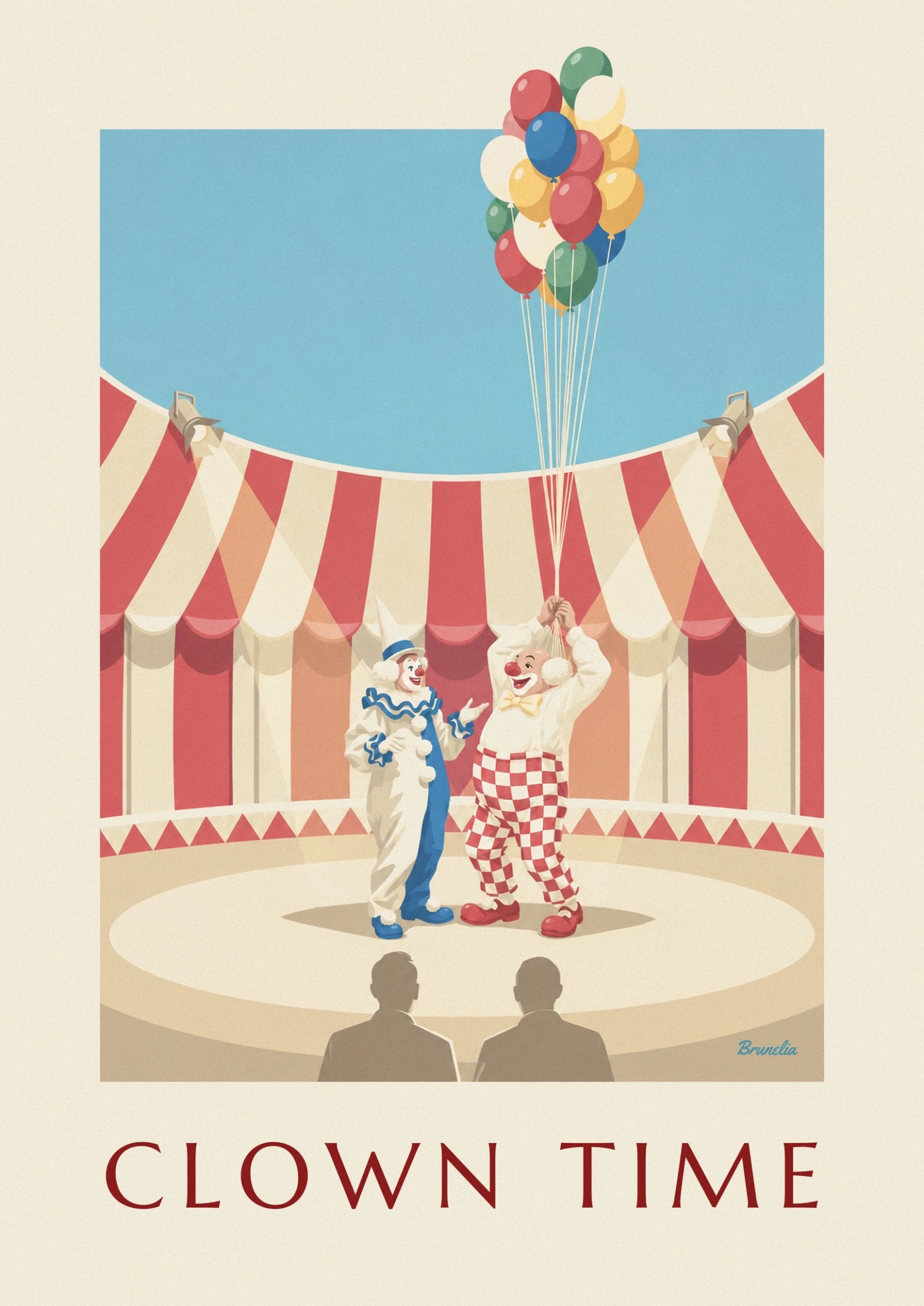 The whiteface clown dressed in blue and the auguste clown in red checked trousers under the big top