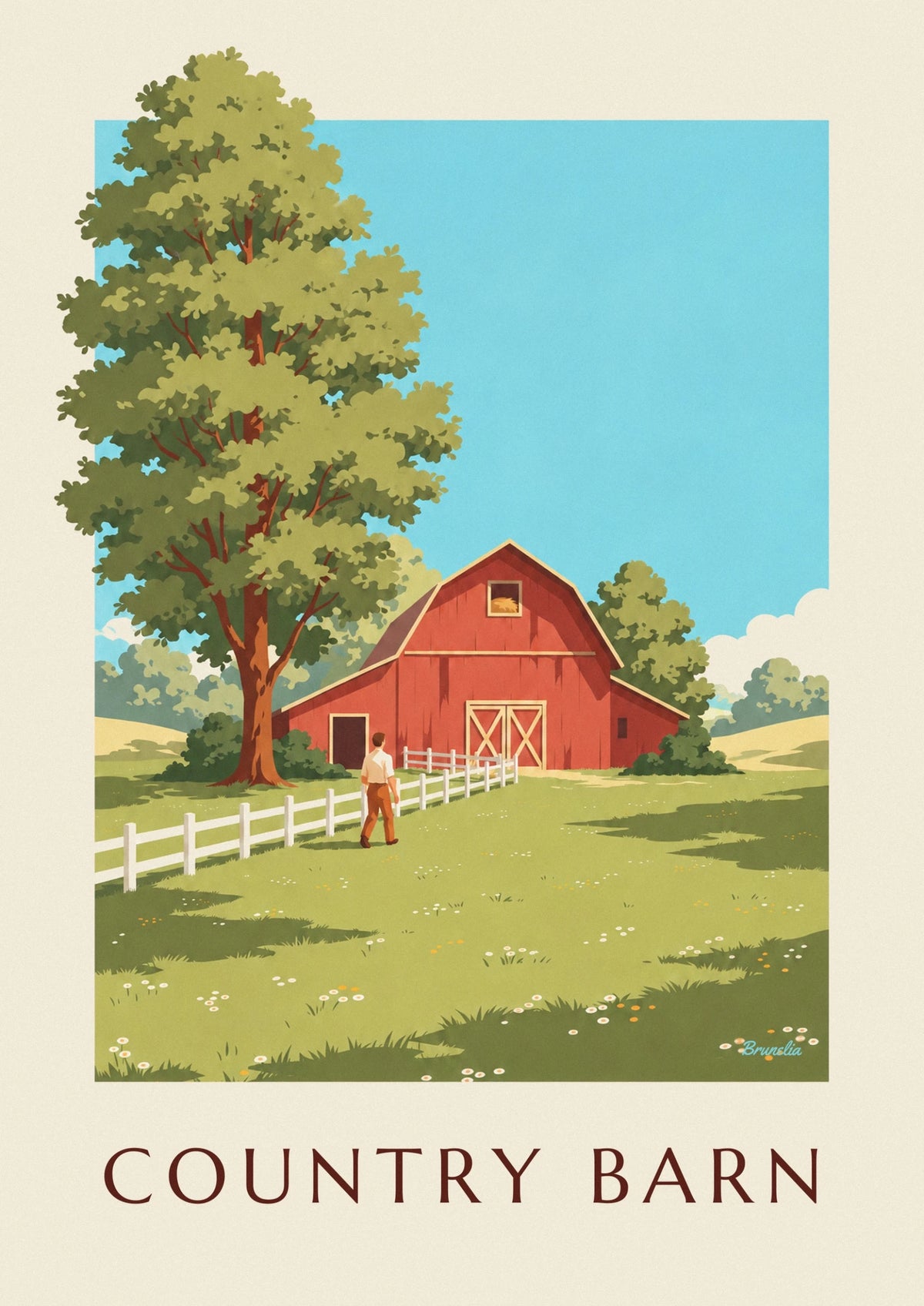 Affiche grange rouge en bois à la campagne