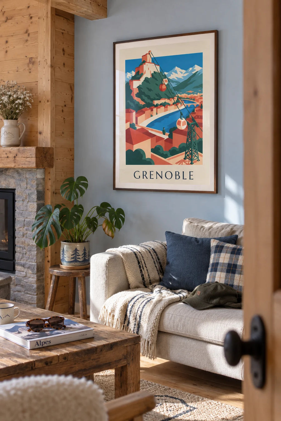 Poster of the Grenoble cable car and its bubbles heading to the Bastille: framed on the wall