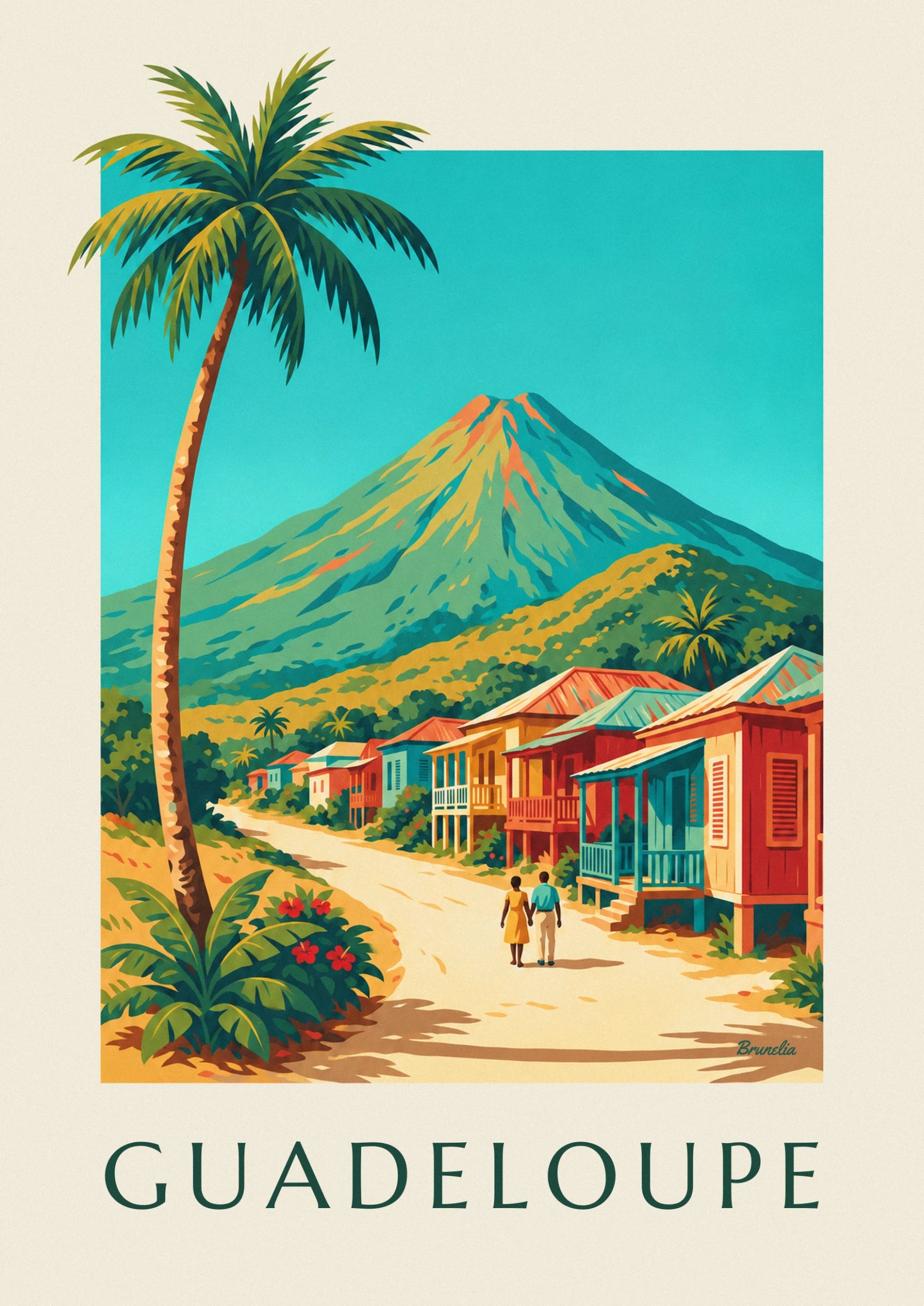The green and orange volcano overlooking the colourful roofs of the Creole houses