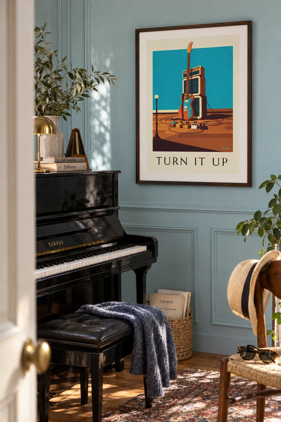 Guitar amps and effects pedals poster: framed on the wall