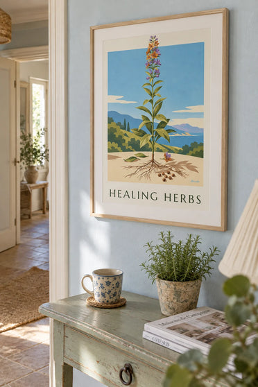 Herbarium poster, medicinal plant plate: framed on the wall