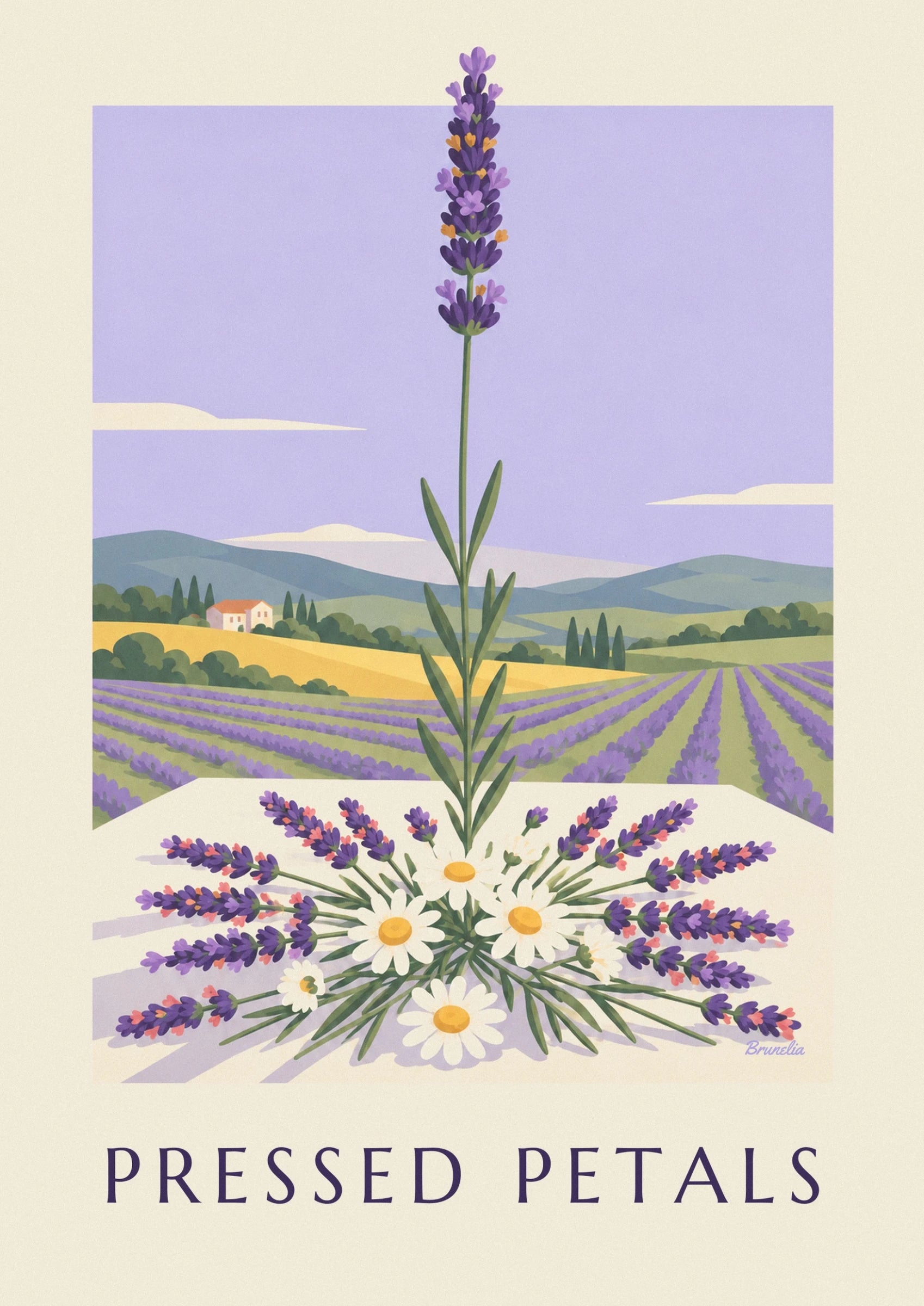 A purple lavender flower spike with small mauve and ochre touches, against a lilac background