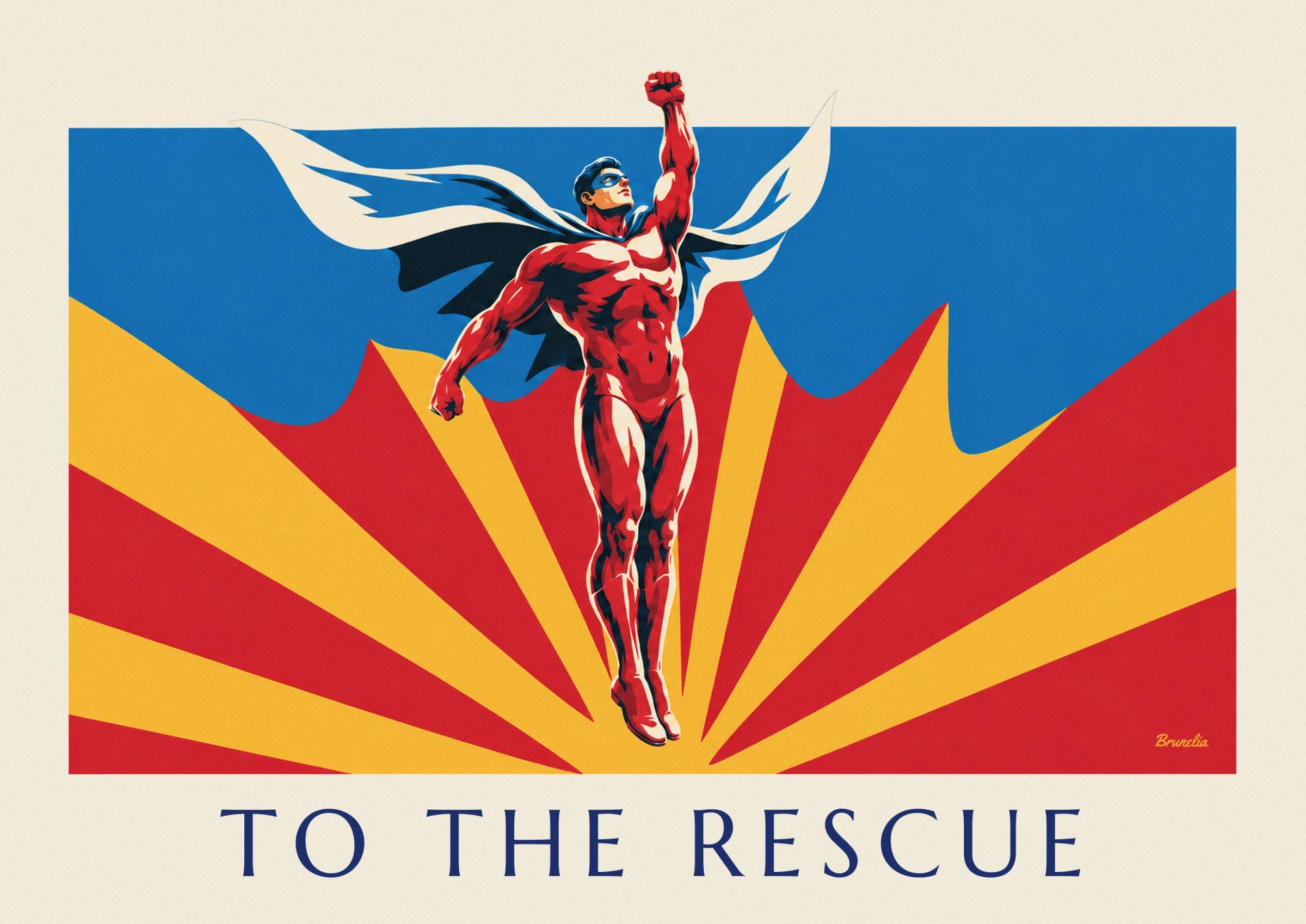 The superhero in a red suit, with a raised fist and pale cape against a background of radiating rays