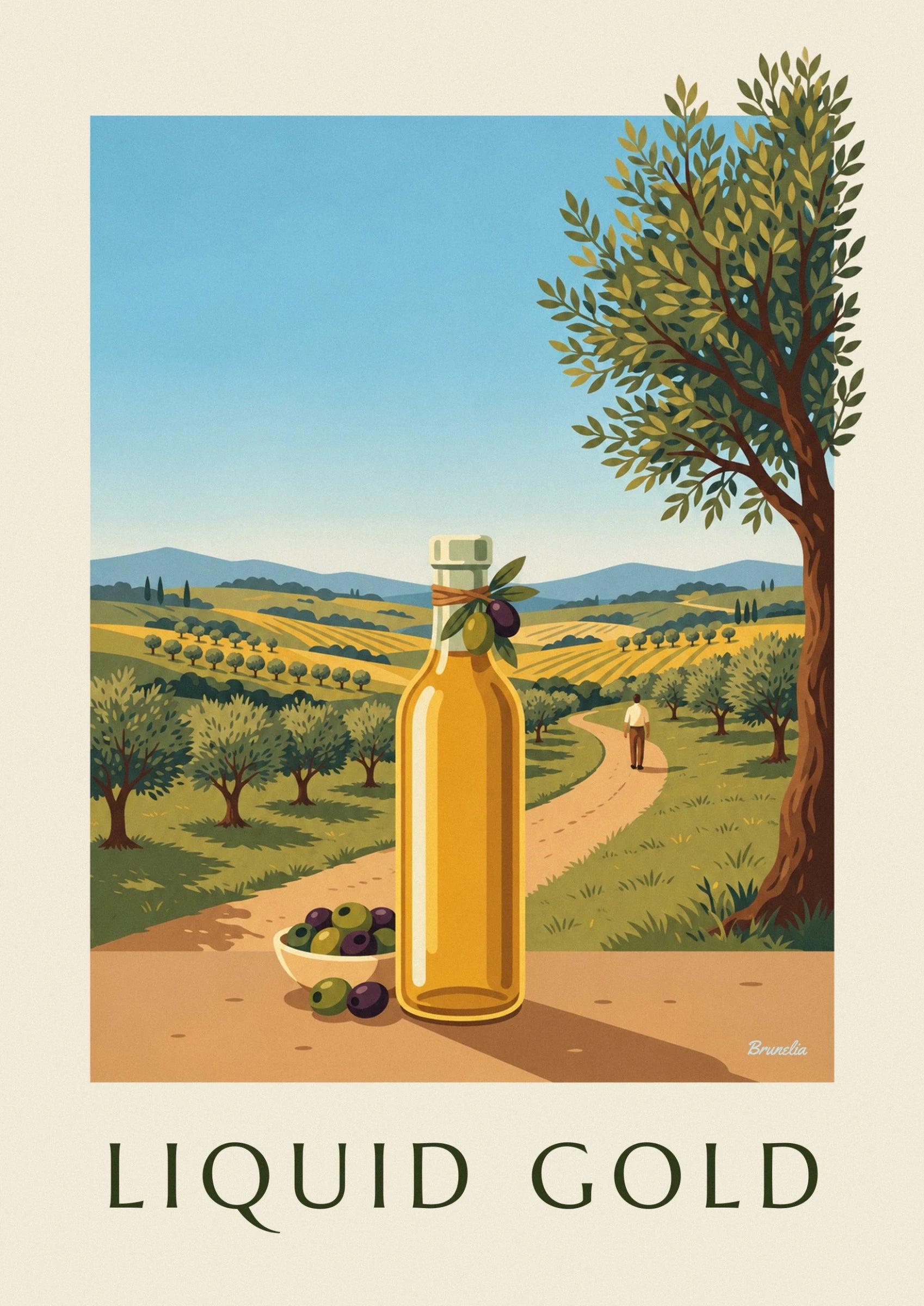 Une bouteille d’huile dorée et un bol d’olives devant les champs et les oliviers