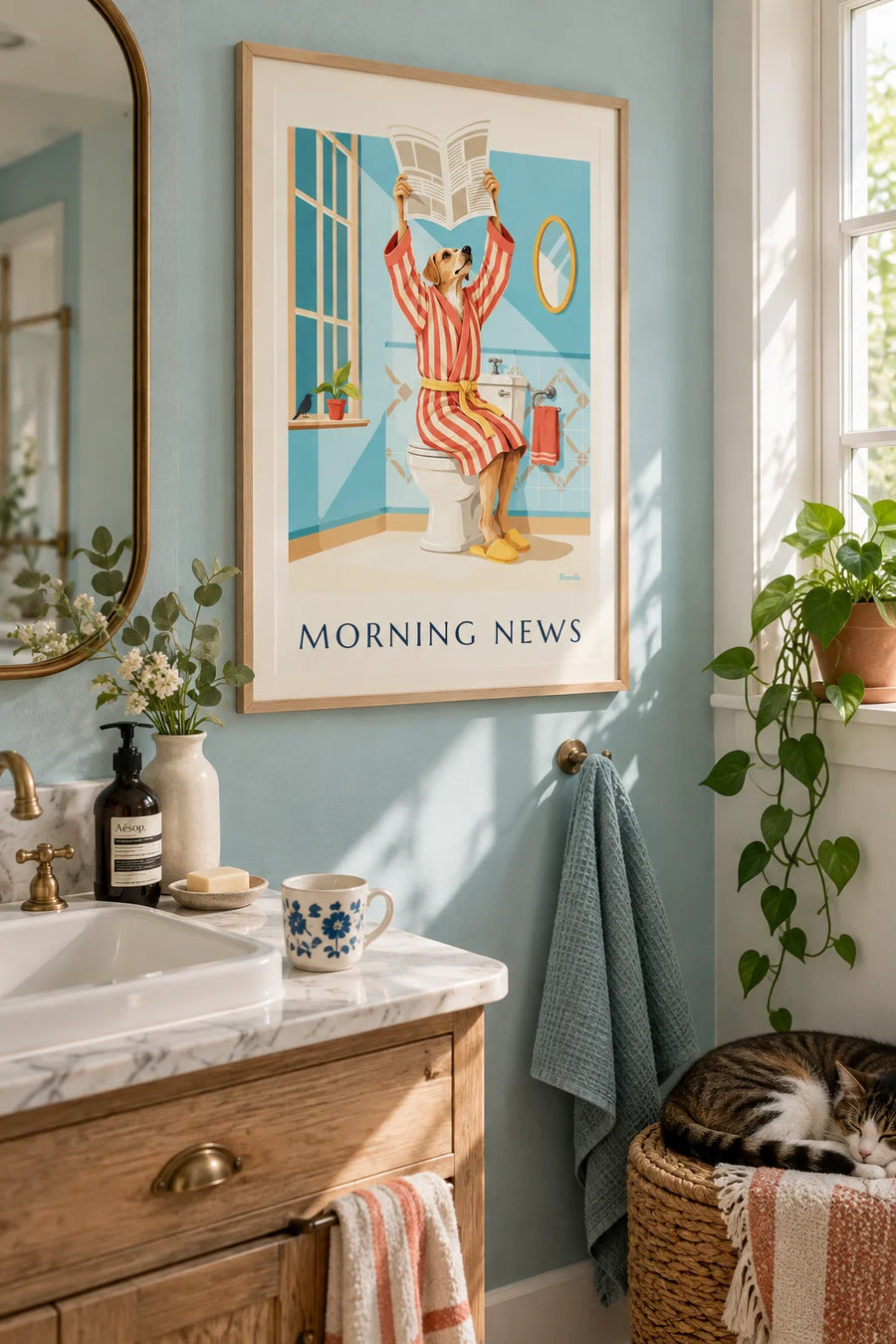 Poster of a dog in a bathrobe reading the newspaper on the toilet: framed on the wall