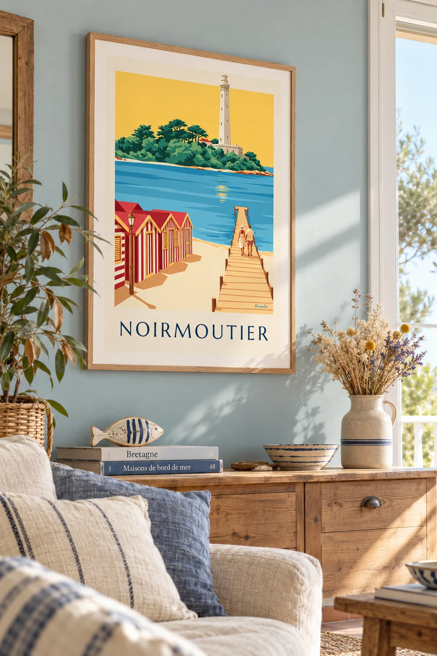 Poster of striped beach huts and a jetty in Noirmoutier: framed on the wall