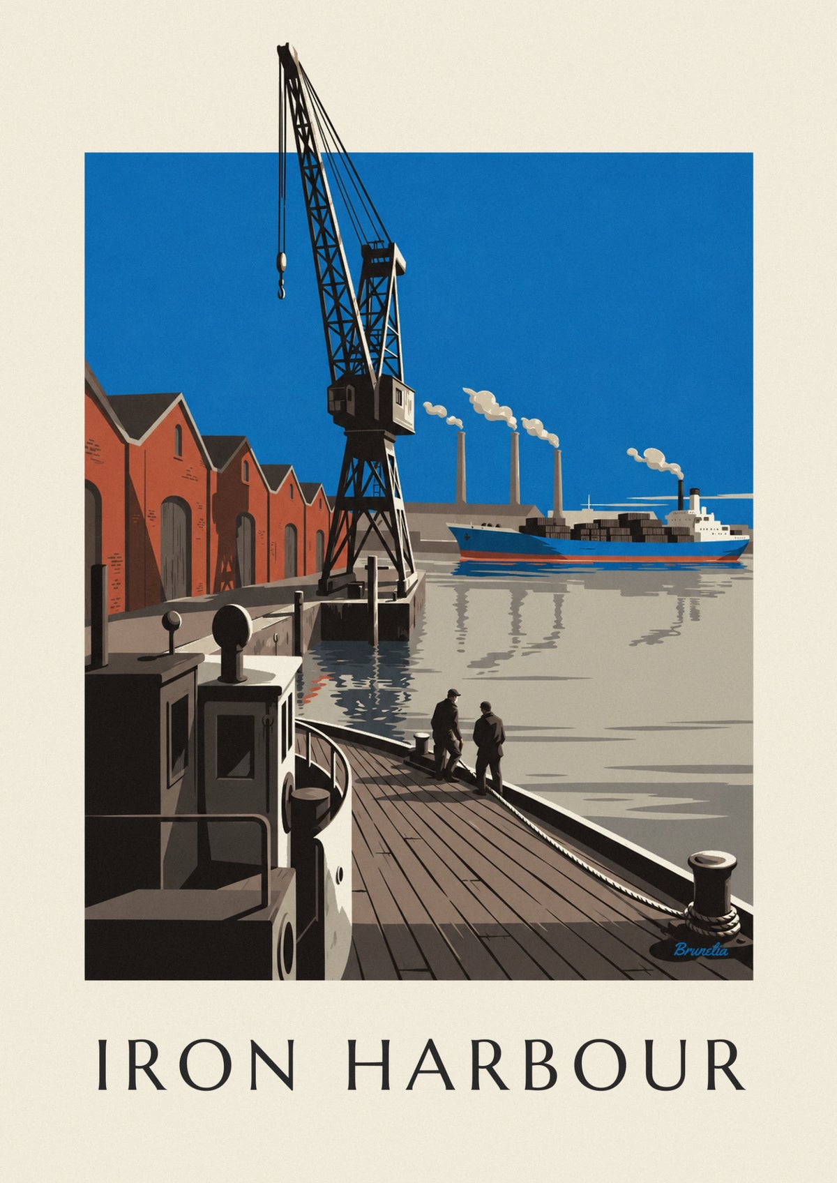 Affiche port industriel, grue, cargo et cheminées d'usine