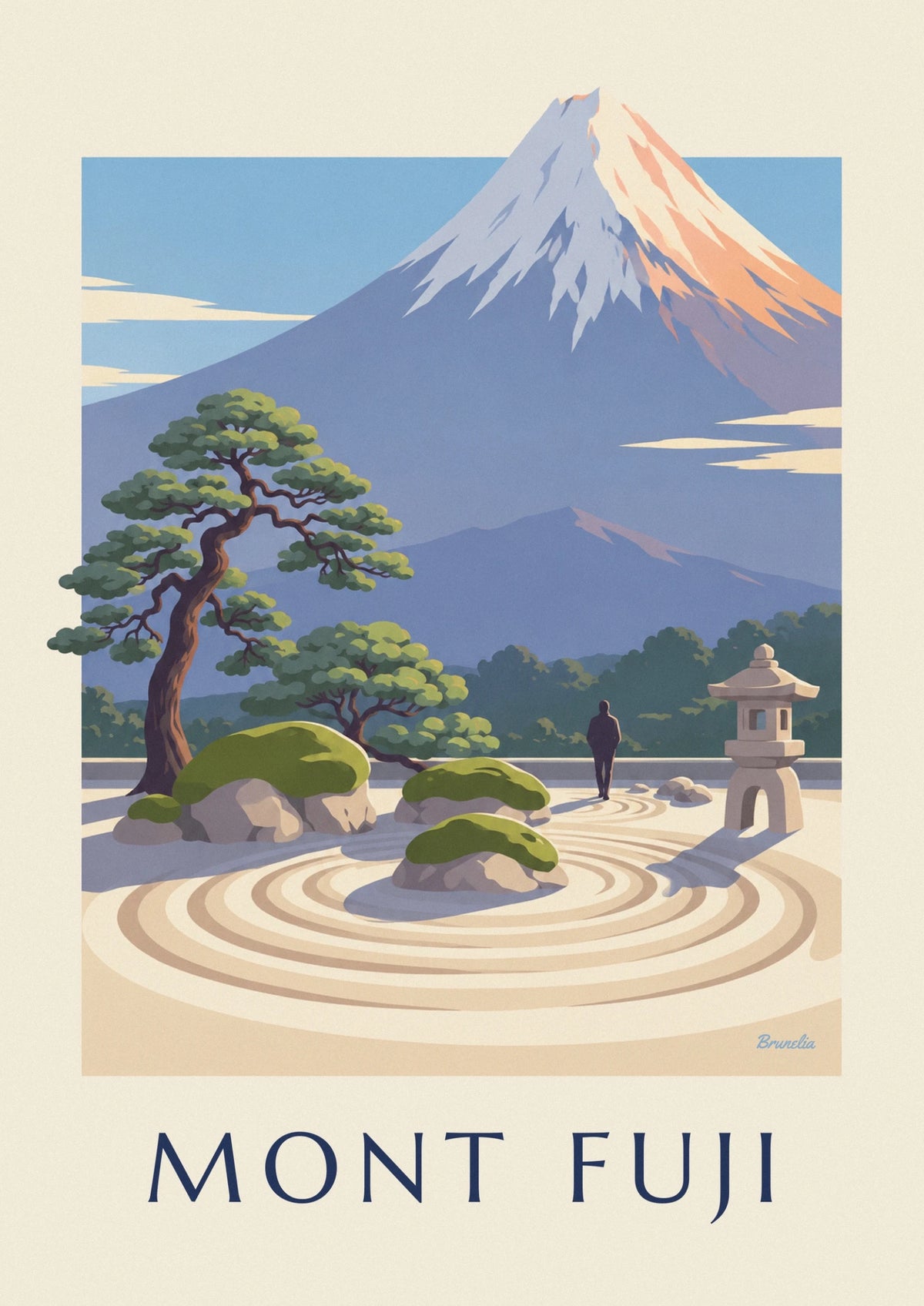 Affiche jardin zen japonais face au mont Fuji