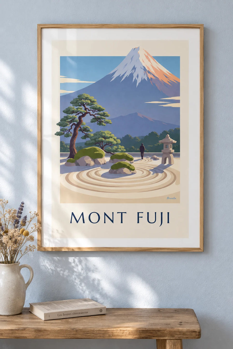Poster of a Japanese zen garden facing Mount Fuji: framed on the wall