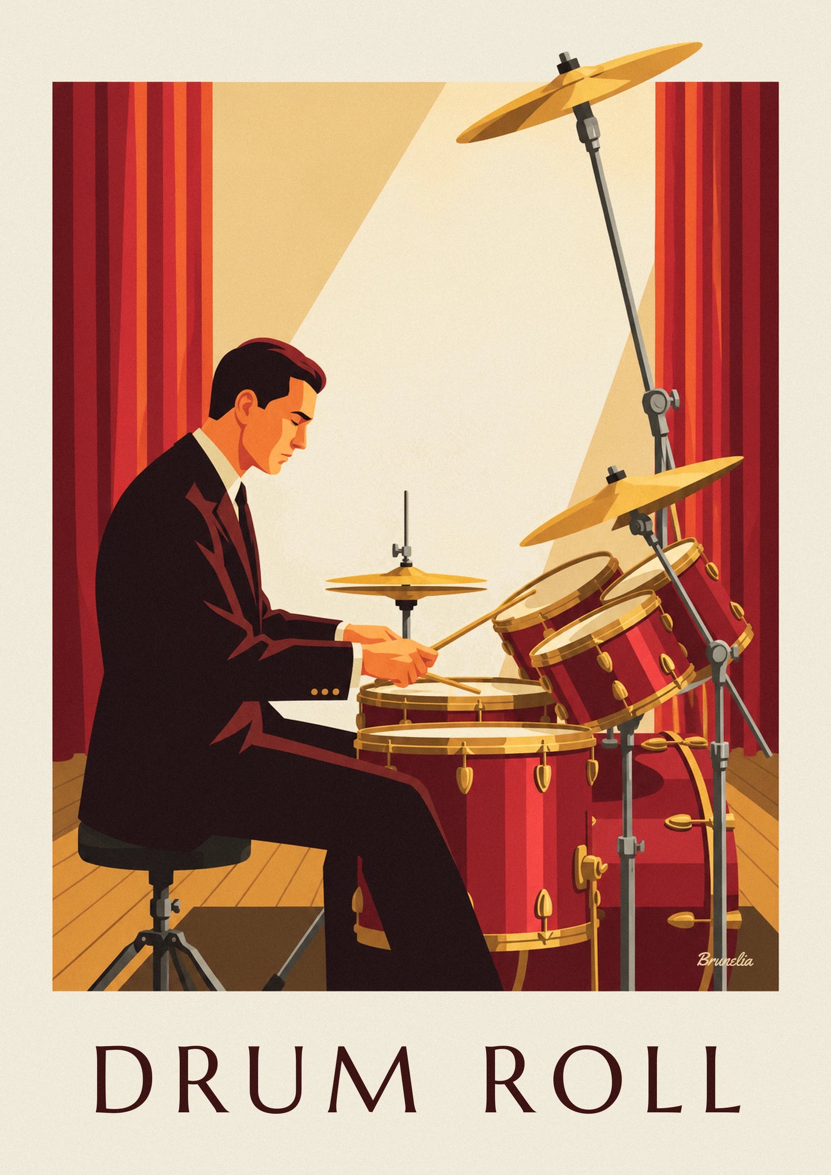 The drummer in profile in a dark suit, hands in front of his drum kit