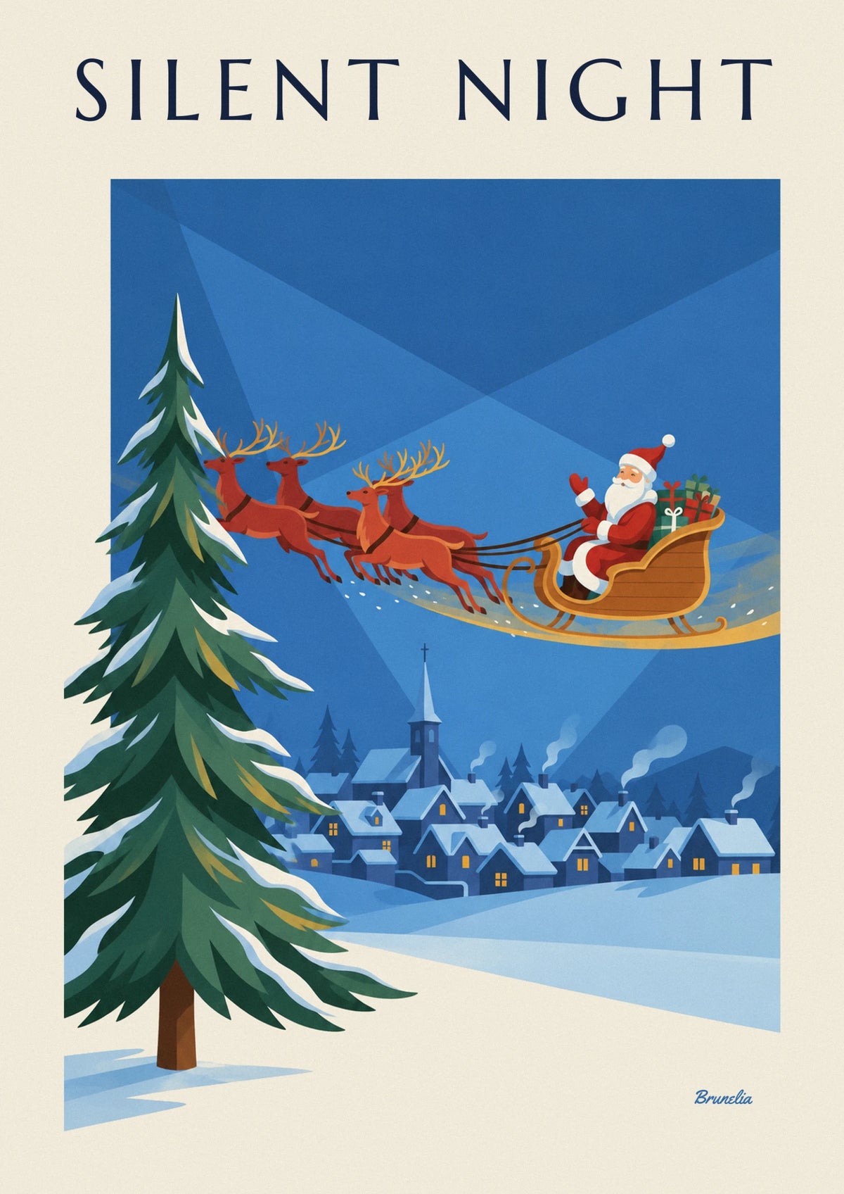 Affiche Père Noël sur son traîneau au-dessus d'un village enneigé