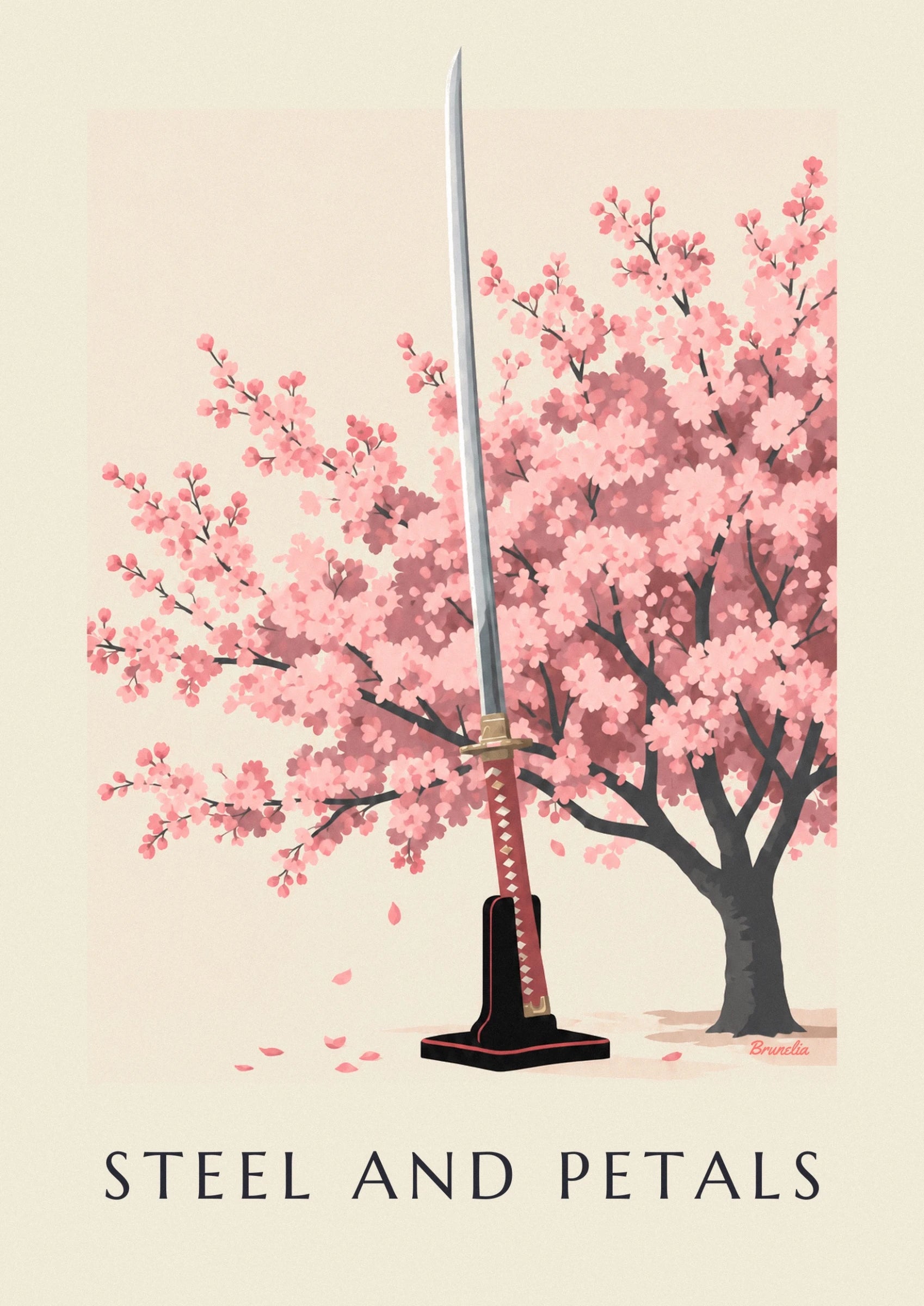 The silver blade of the katana among the pink cherry blossom