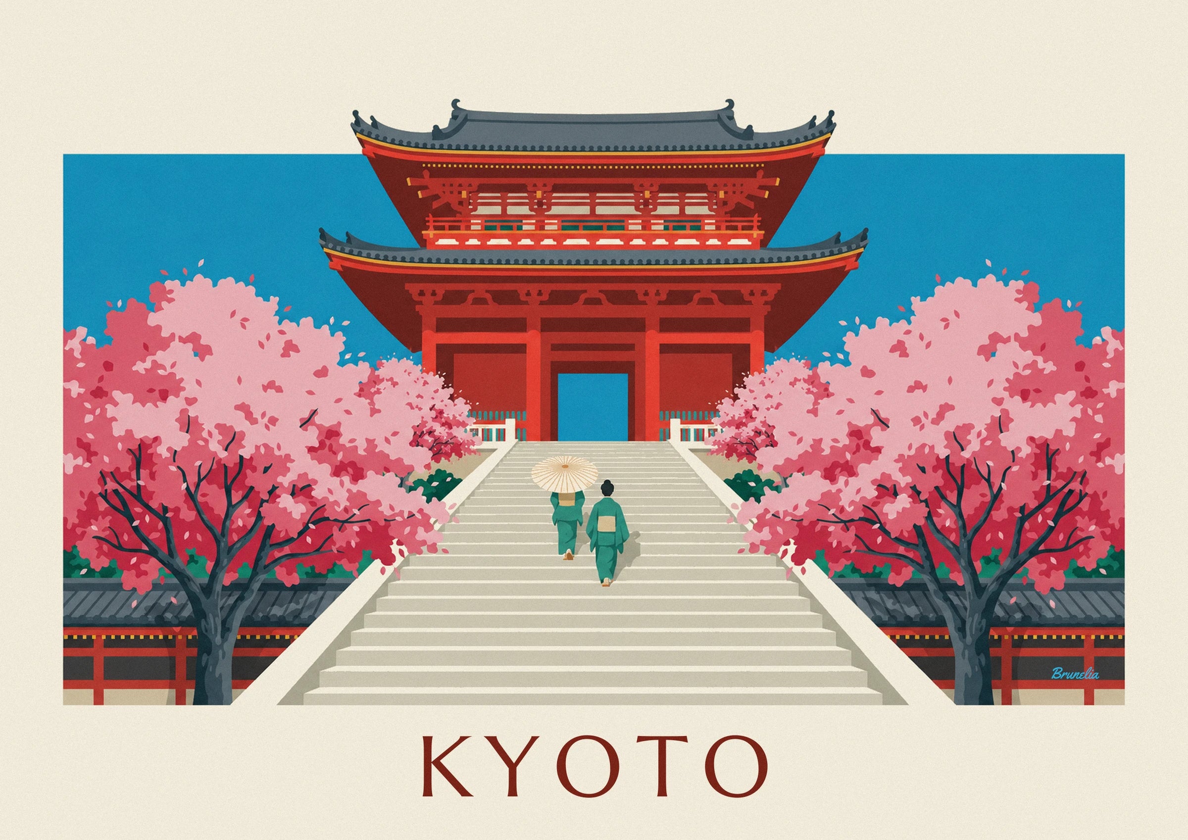 The vermilion façade of Kiyomizu-dera, with its red beams and grey roofs