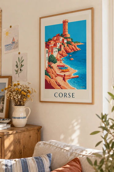 Poster of a coastal village, Genoese tower and small boats in Corsica: framed on the wall