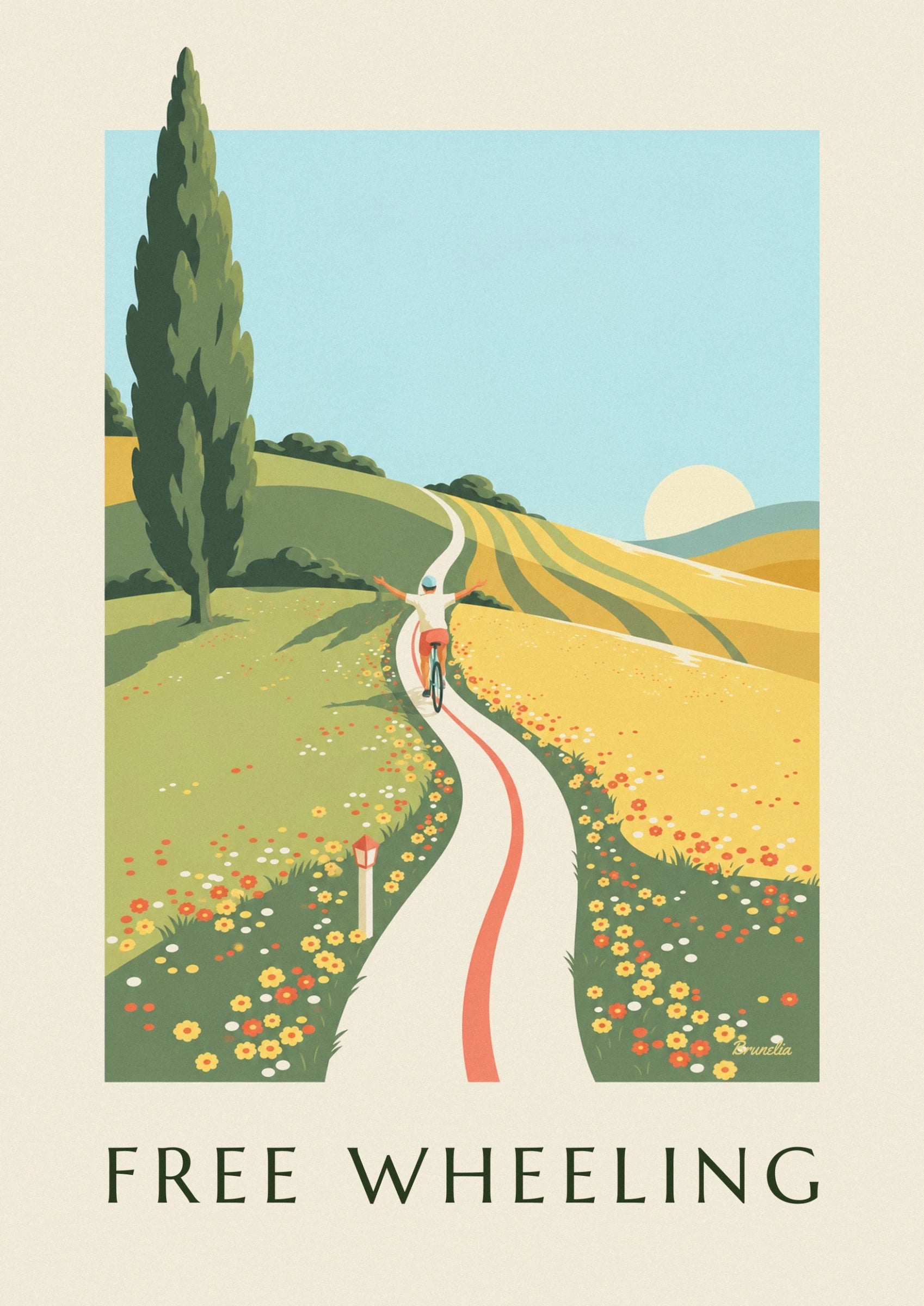 The cyclist seen from behind with arms outstretched on a winding road lined with flowers