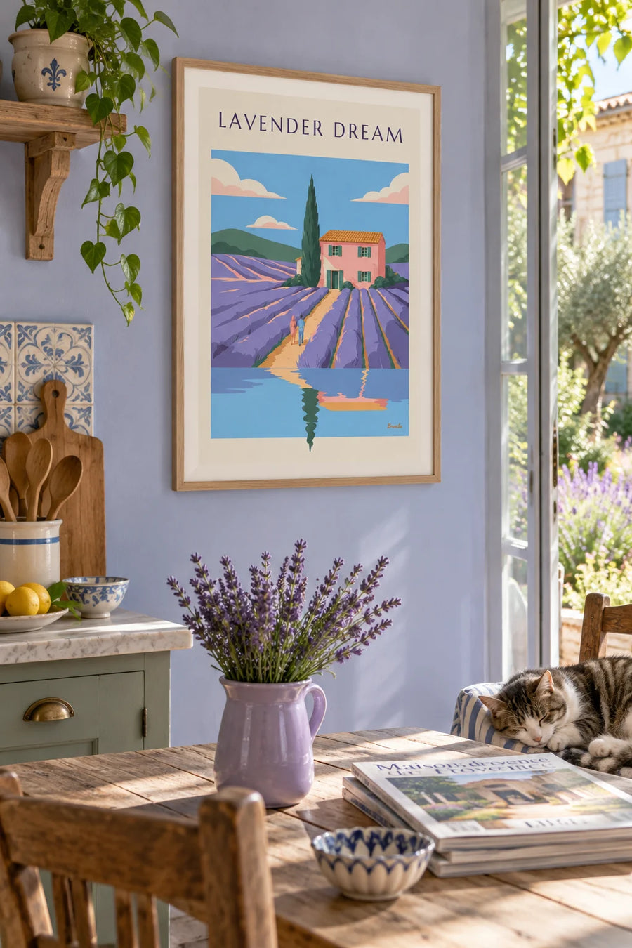 Poster of a pink house and lavender field in Provence: framed on the wall