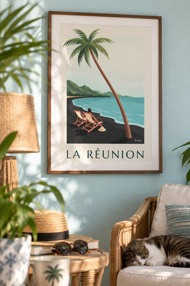 Poster of deck chairs facing the sea on Réunion Island: framed on the wall