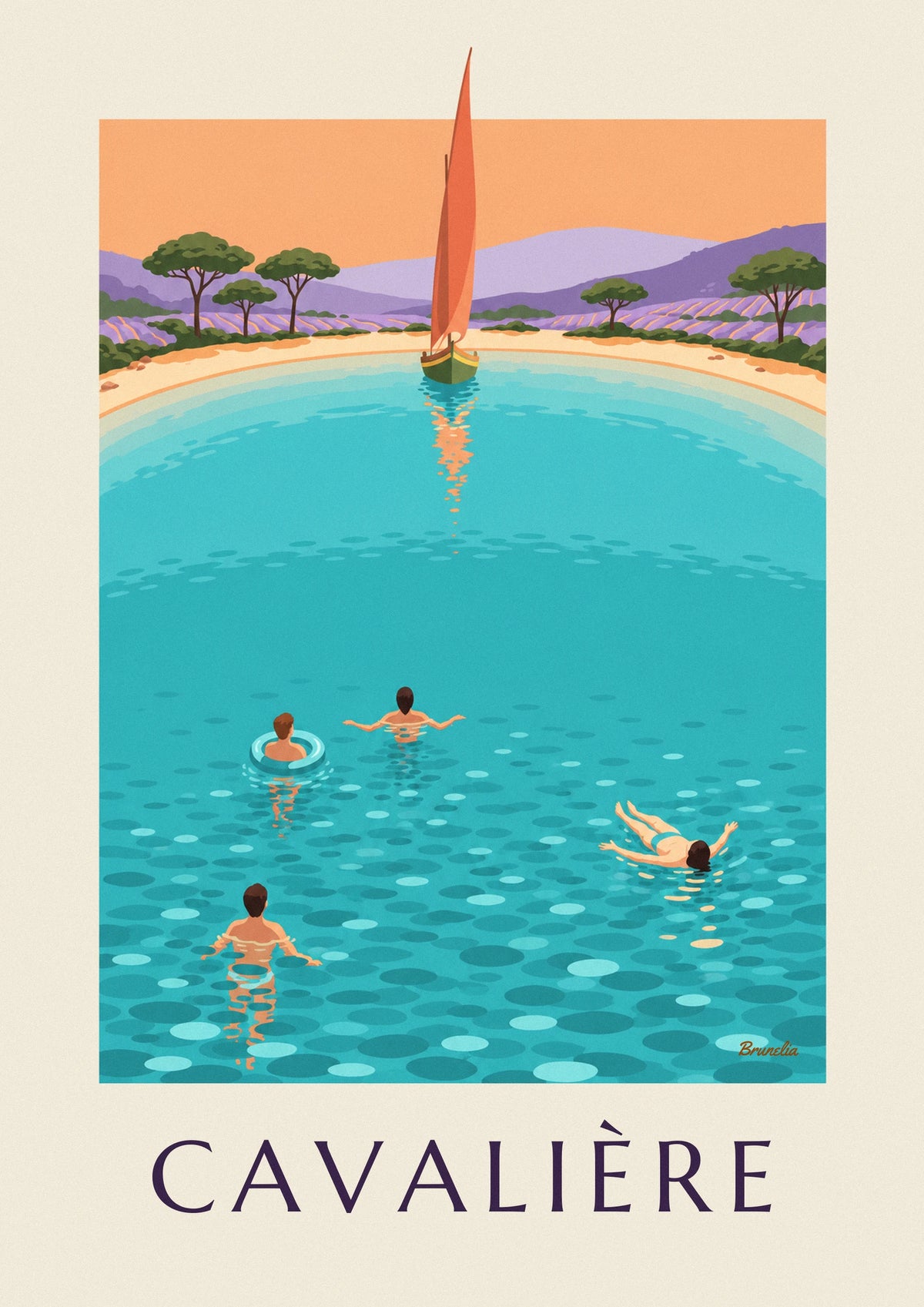 Cavalière beach and pines at sunset, Le Lavandou poster
