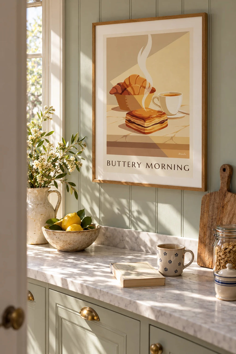Affiche pain au chocolat, viennoiserie française : encadrée au mur