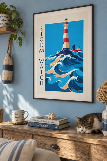 Sailors’ lighthouse in stormy waves poster: framed on the wall