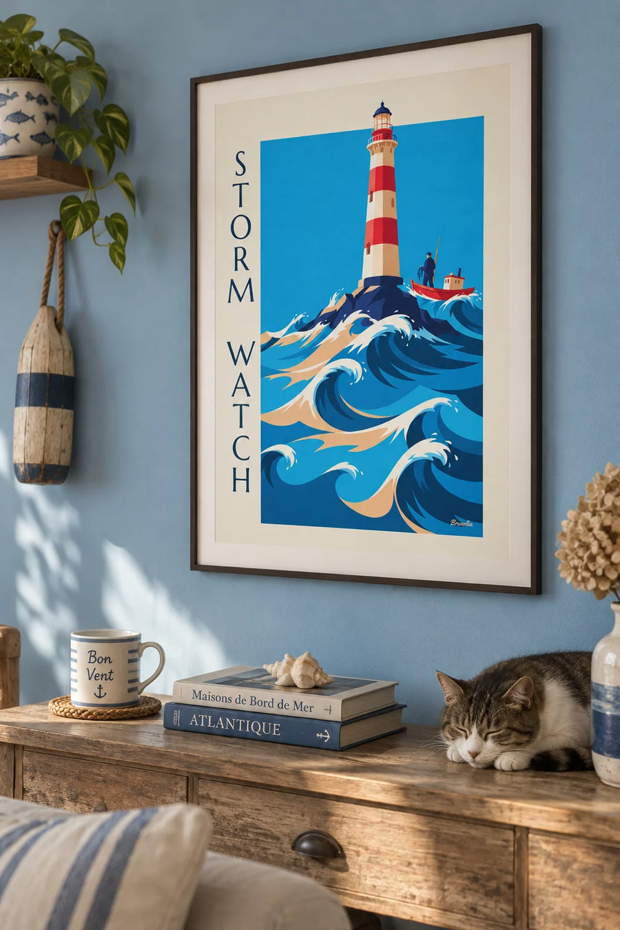 Sailors’ lighthouse in stormy waves poster: framed on the wall