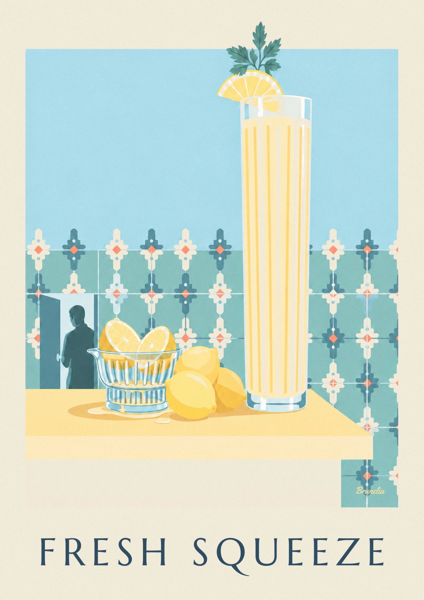 Yellow and cream stripes between turquoise tiles with floral patterns