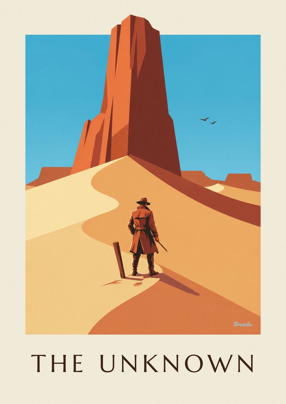 Mysterious adventurer on a desert ridge poster