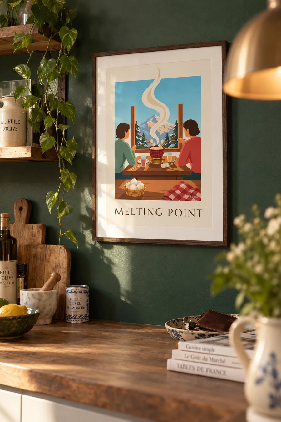 Poster of a Savoyard fondue in a chalet facing the mountain: framed on the wall