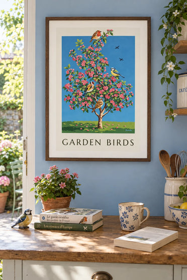 Affiche les oiseaux du jardin sur un pommier en fleurs : encadrée au mur