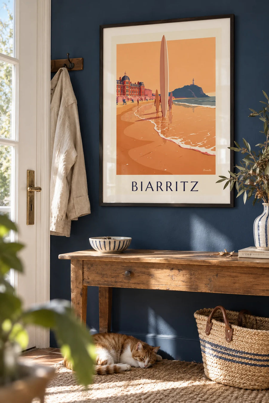Surfers and longboards in front of the Hôtel du Palais in Biarritz poster: framed on the wall