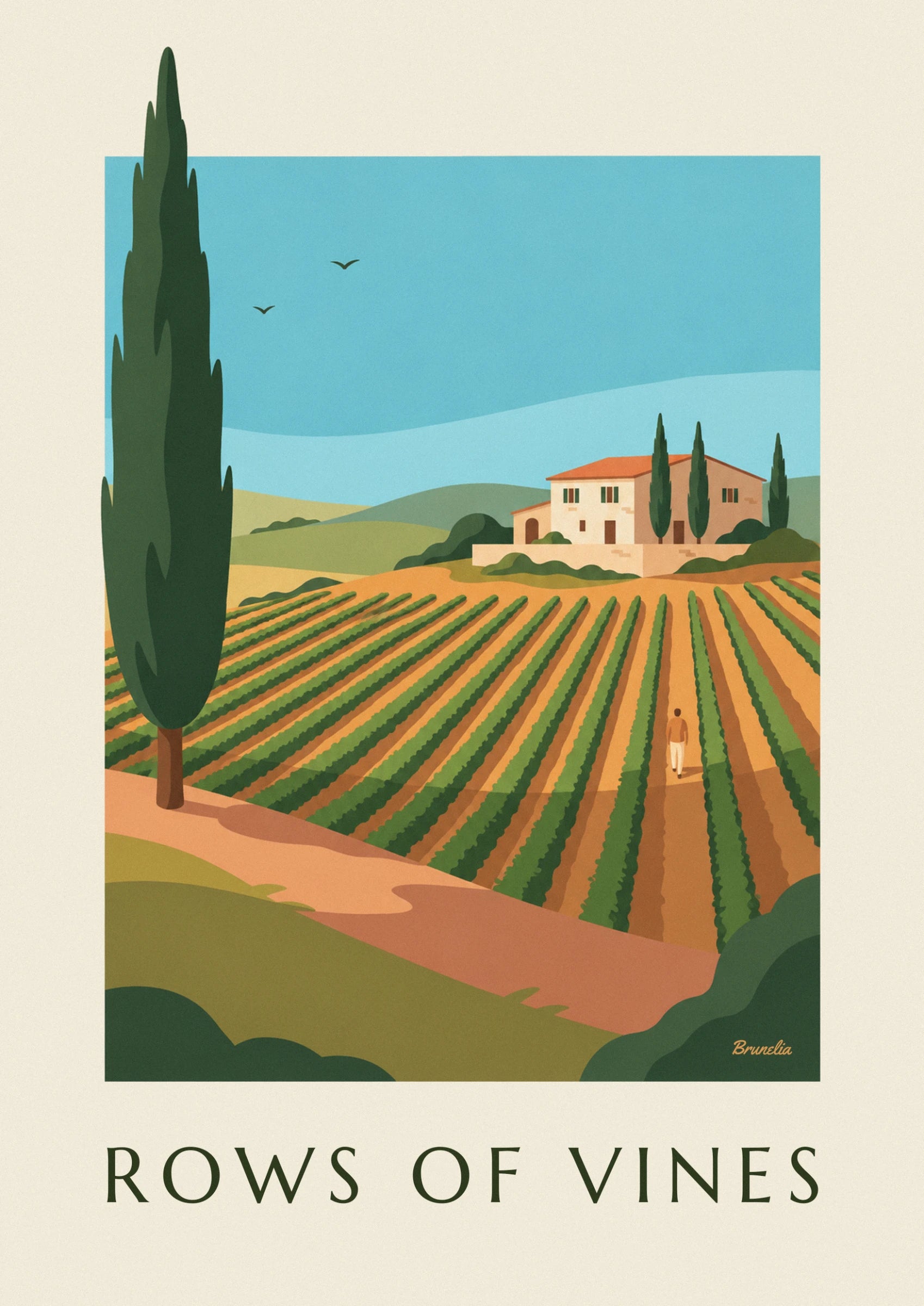 Le mas aux volets verts et à la toiture orange, gardé par 3 cyprès au-dessus des rangs de vigne