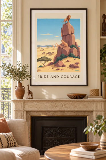Lion and lioness on a savanna kopje poster : framed on the wall