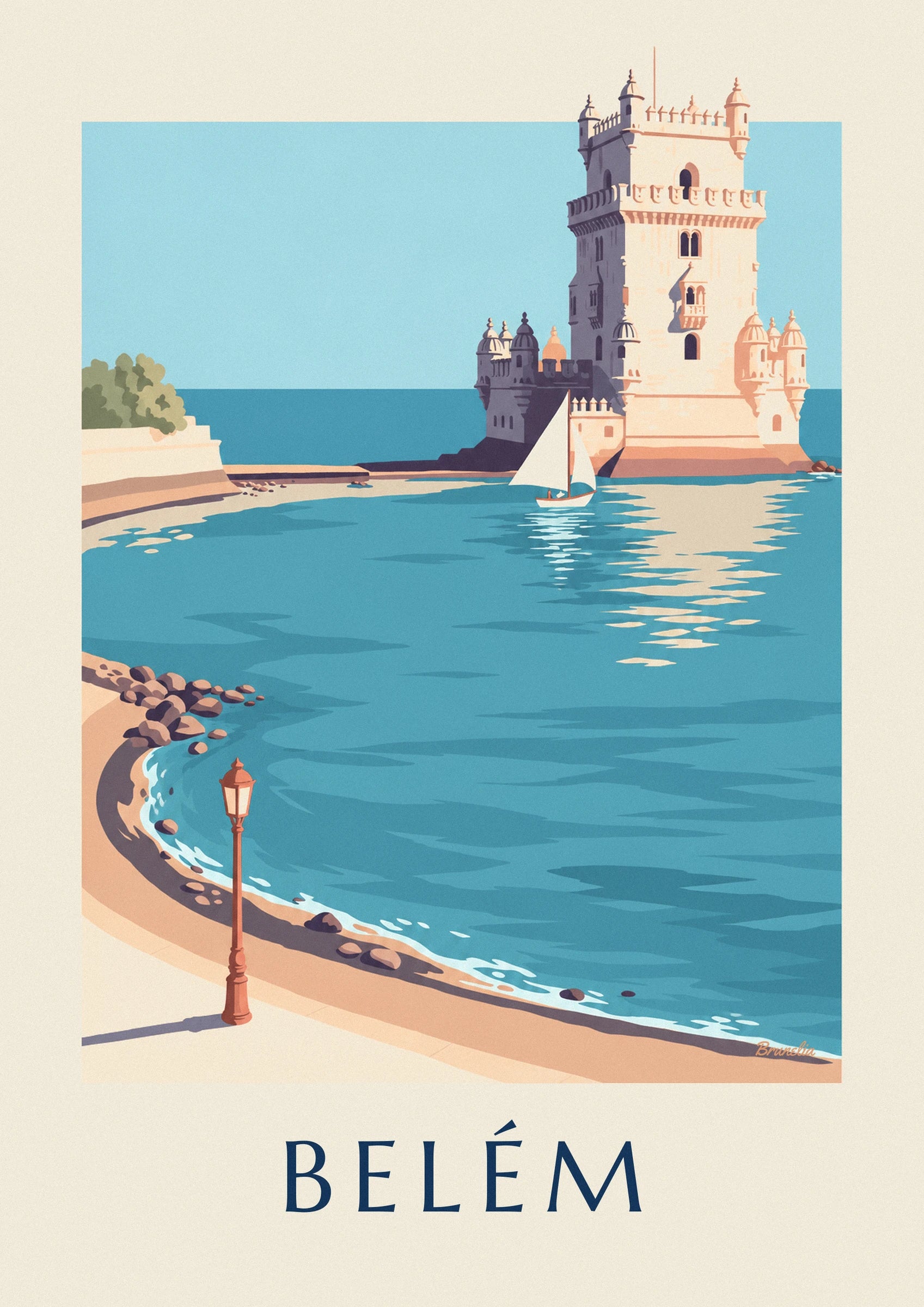The pale stone tower of Belém and its white sailing boat on the Tage