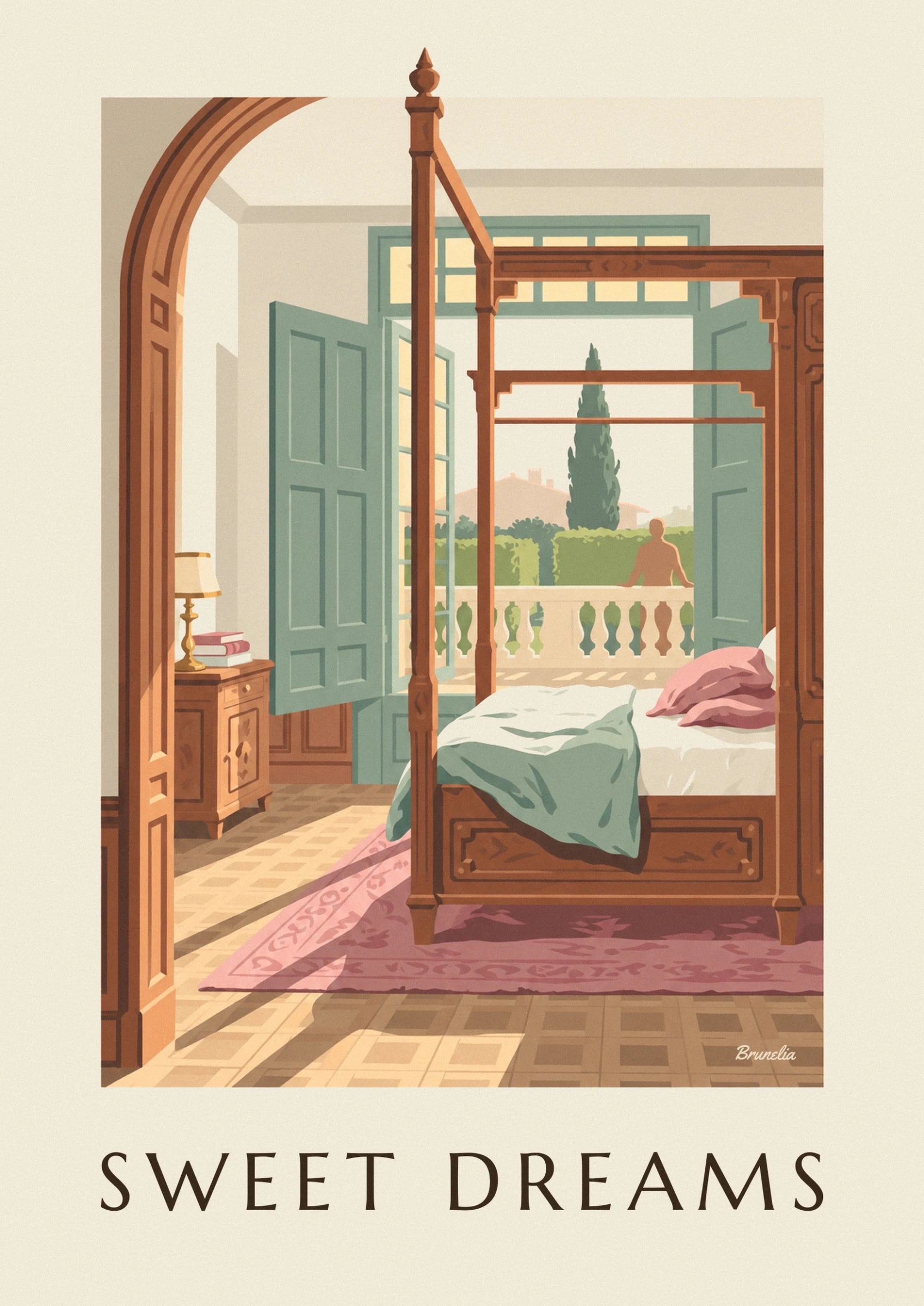 Le lit en bois sculpté, sa couverture vert tendre et ses oreillers roses