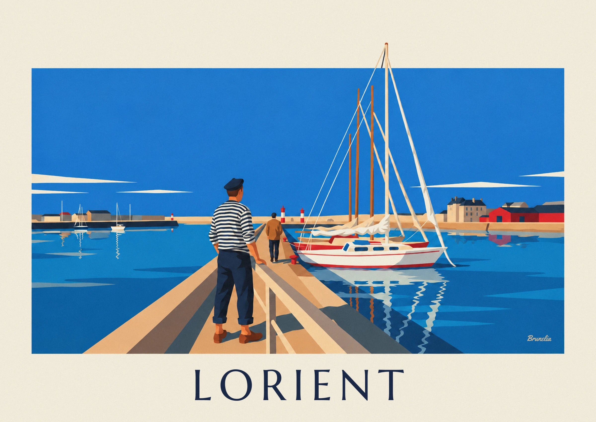 Le marin en marinière et béret, accoudé à la jetée face aux phares rouge et blanc