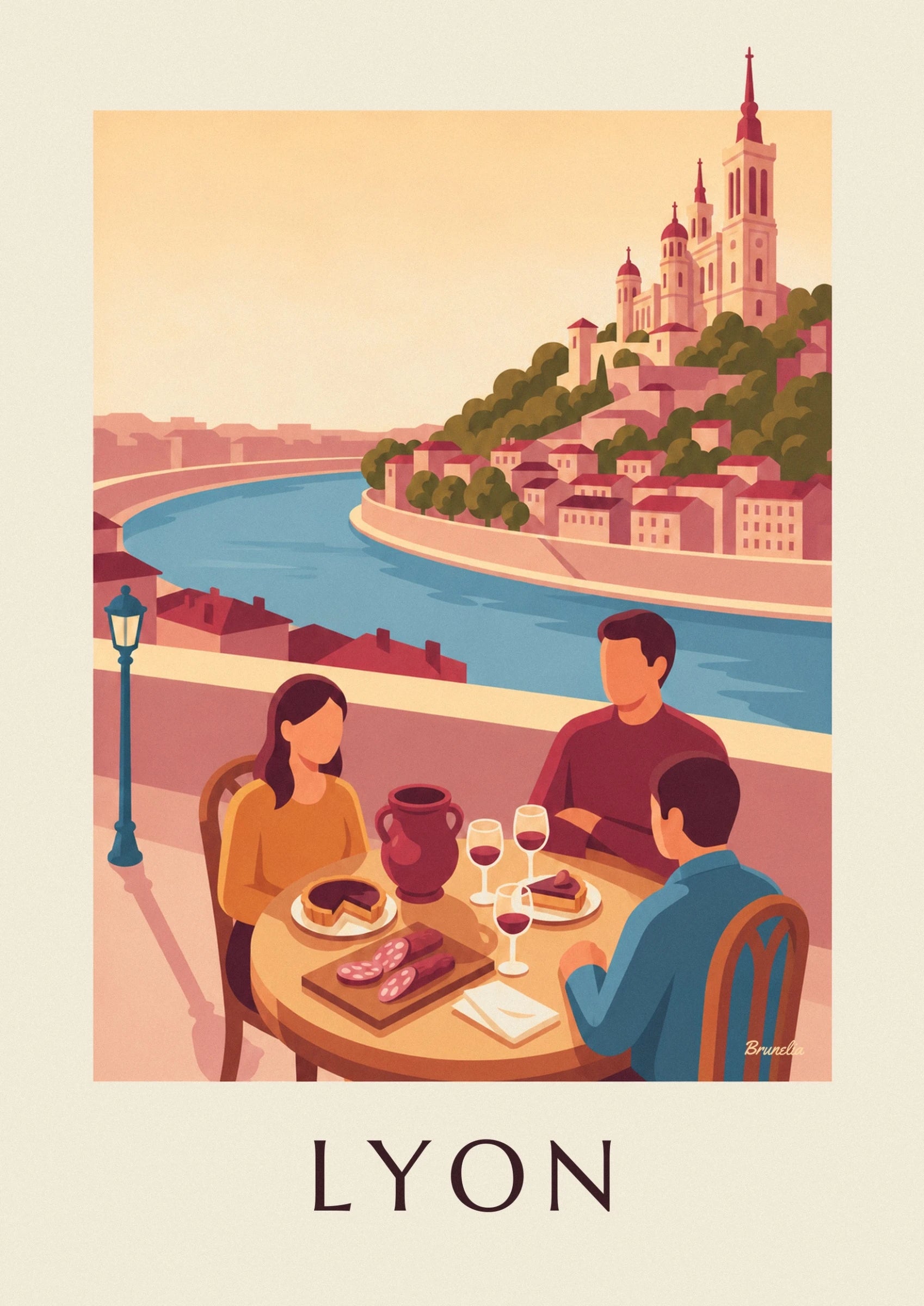 A woman in an ochre top in front of a tart, saucisson and glasses of red wine