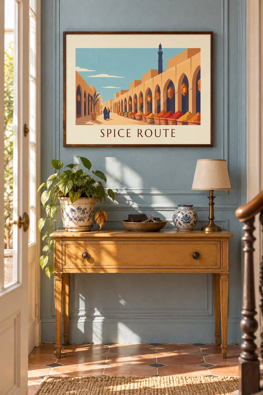 Poster of an oriental spice market under the arcades: framed on the wall