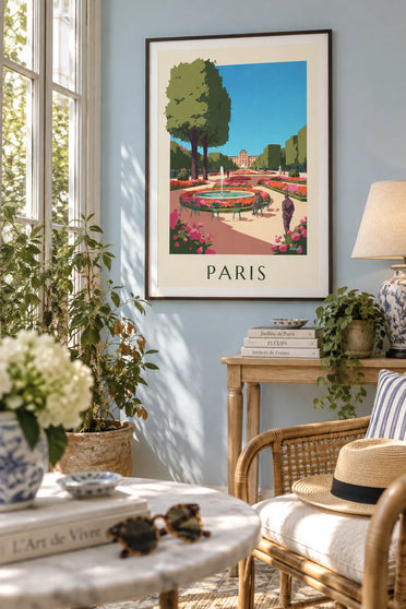 Poster of the Tuileries Garden in bloom and the Louvre: framed on the wall