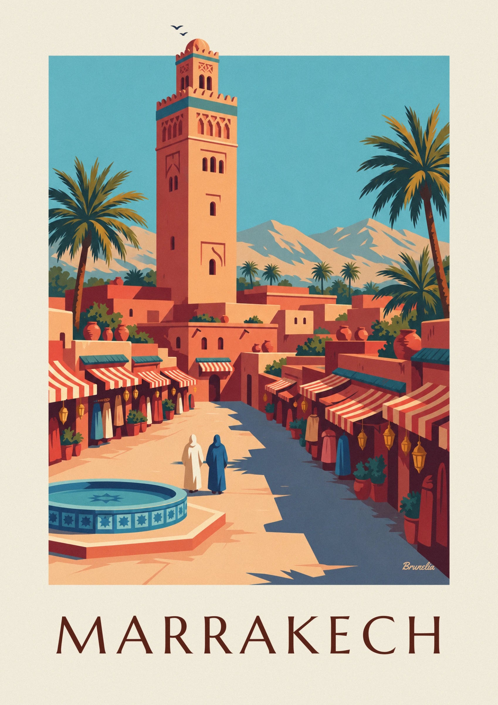 The ochre sandstone minaret of the Koutoubia, its arches and palm trees in front of the Atlas