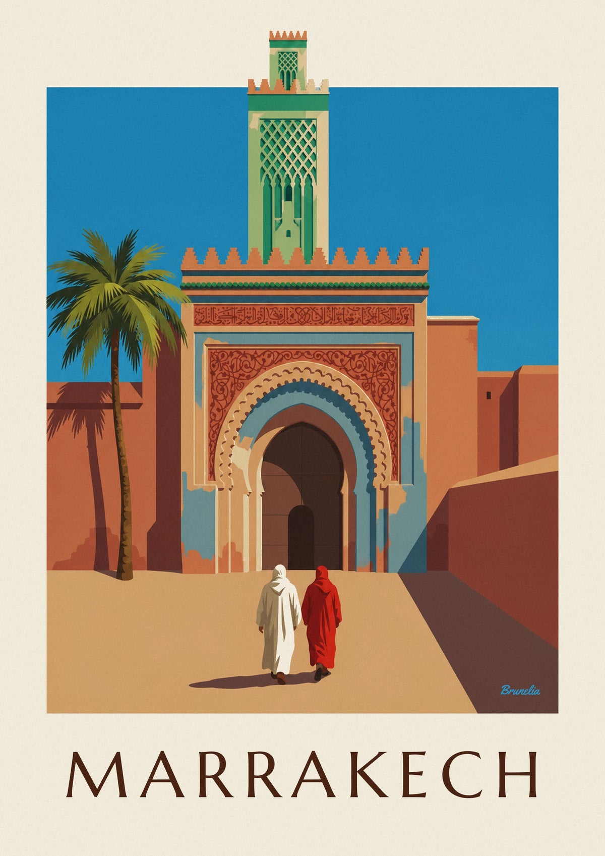 Affiche porte Bab Agnaou et minaret à Marrakech