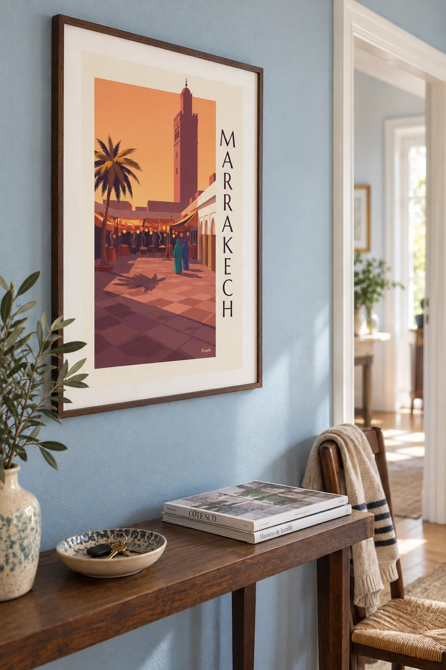 Poster of Jemaa el-Fna Square in Marrakech at dusk: framed on the wall