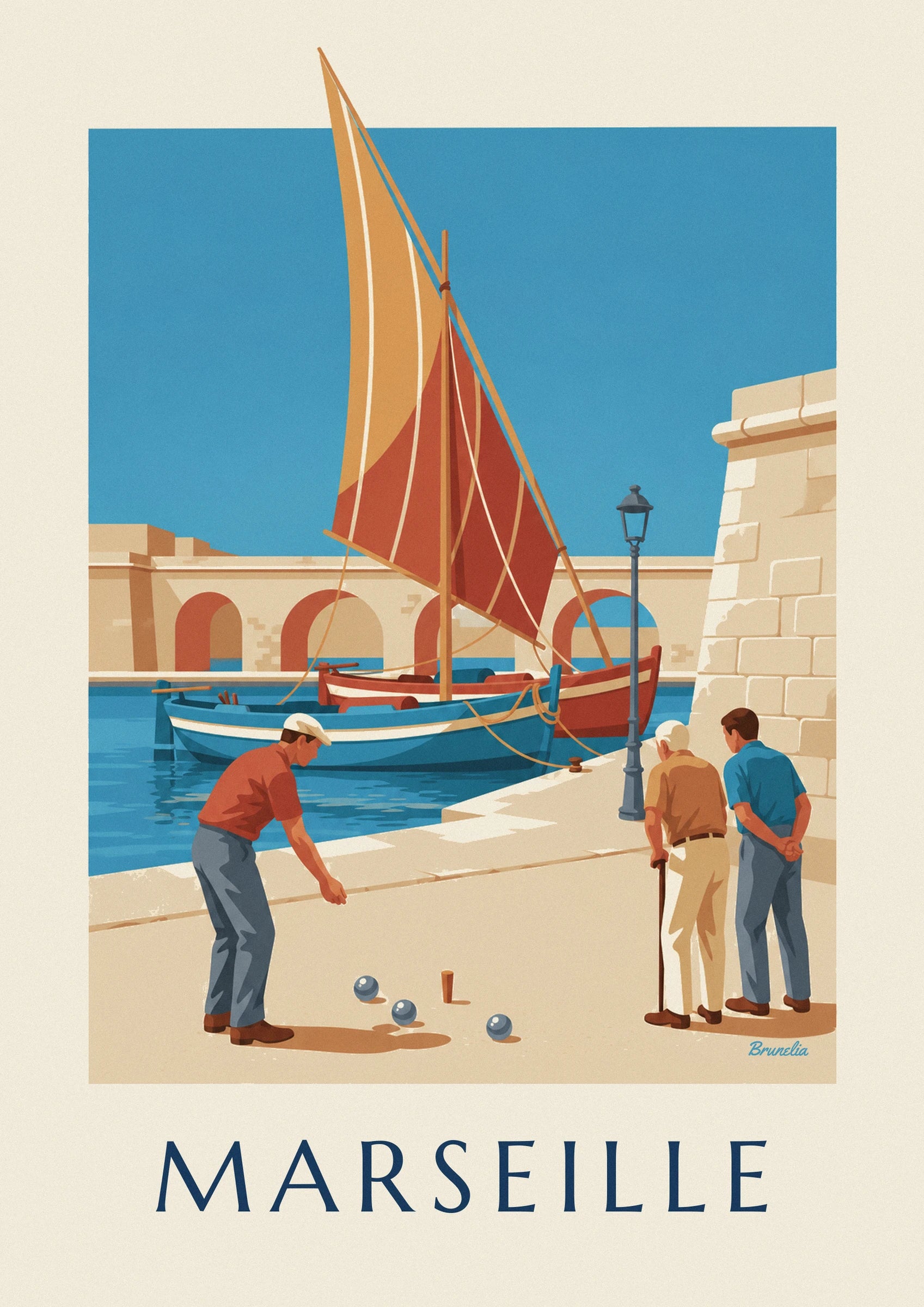 Le joueur en chemise rouge, ses 3 boules et le cochonnet devant les barques du port