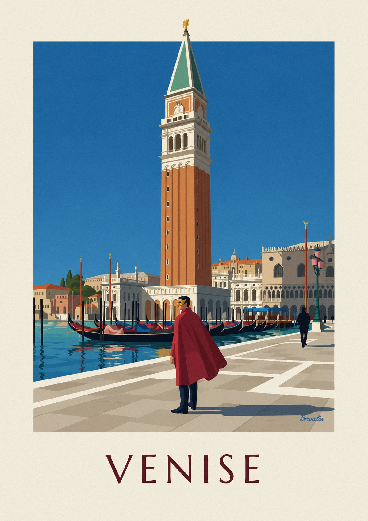 Affiche homme masqué en cape rouge devant le campanile Saint-Marc
