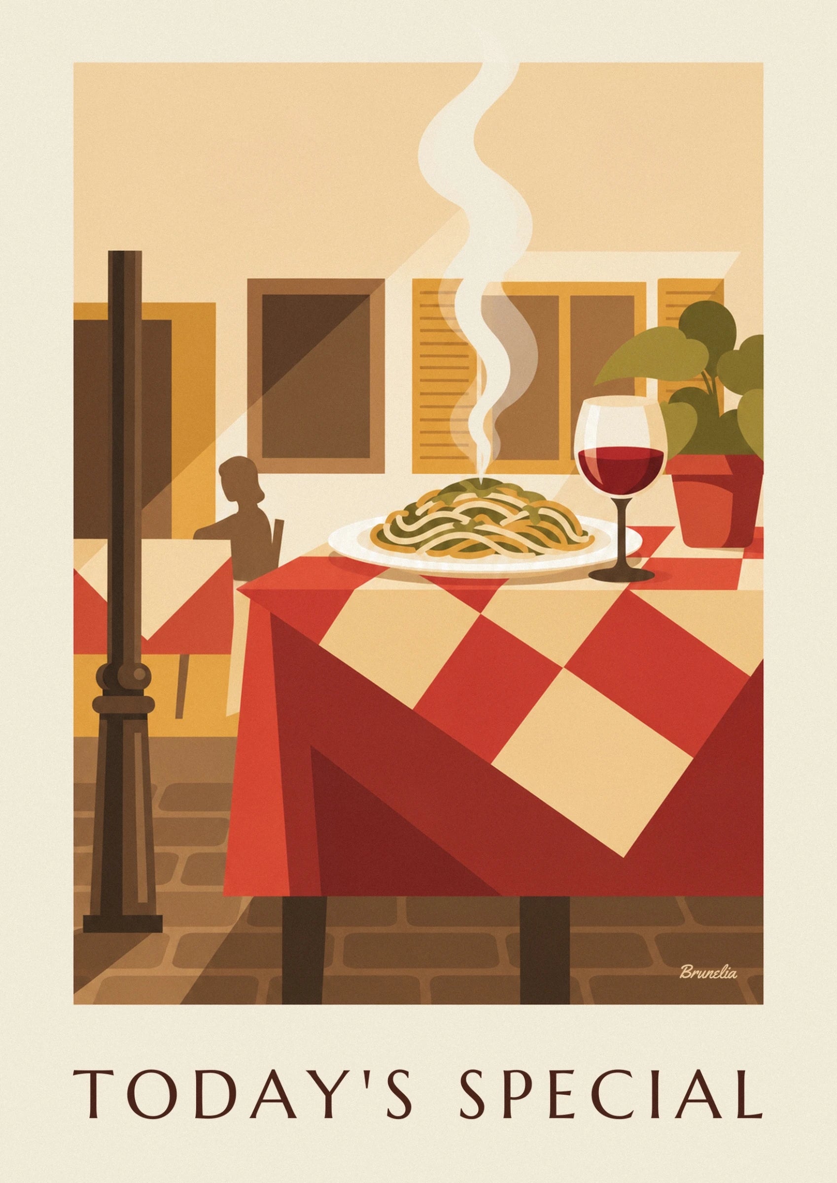 Une assiette de spaghettis fumants sur une nappe à carreaux rouges et crème
