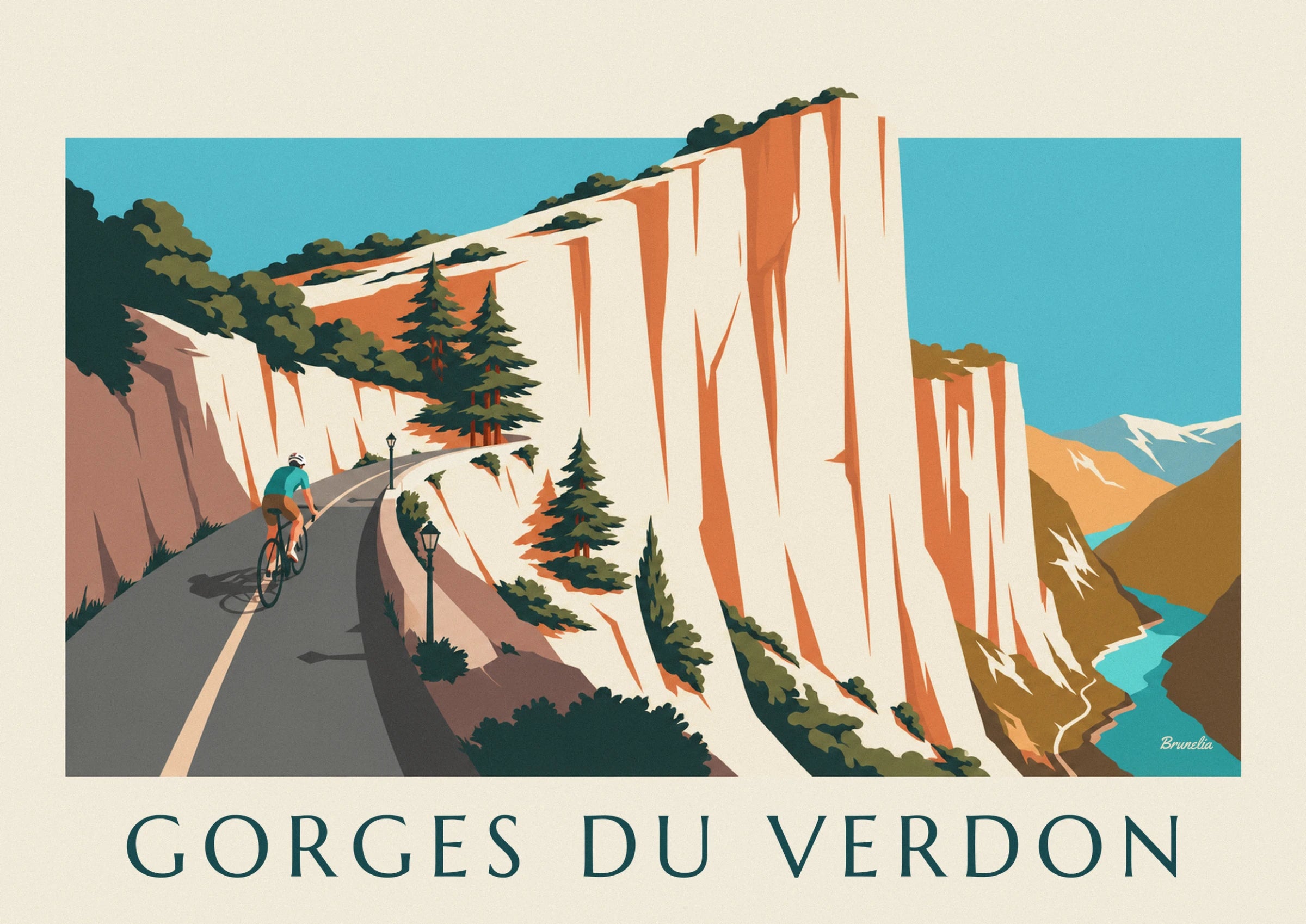 The cyclist in a turquoise jersey and white helmet, on the cliffside road lined with street lamps