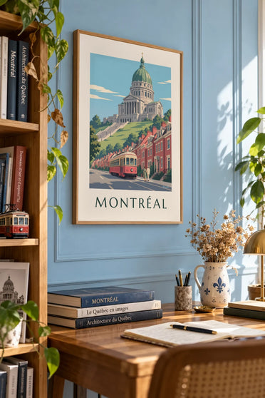 Red tram climbing to Saint-Joseph’s Oratory poster : framed on the wall